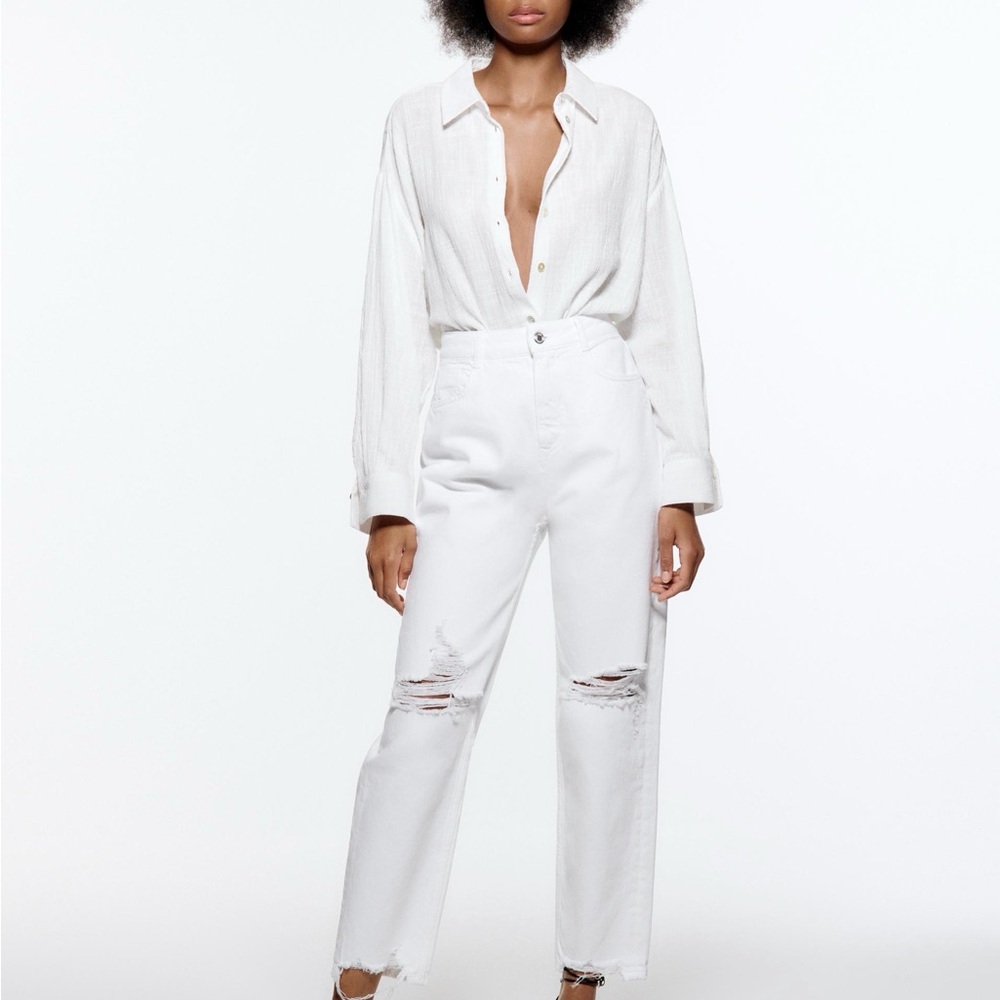 Zara White Distressed Flare Jeans